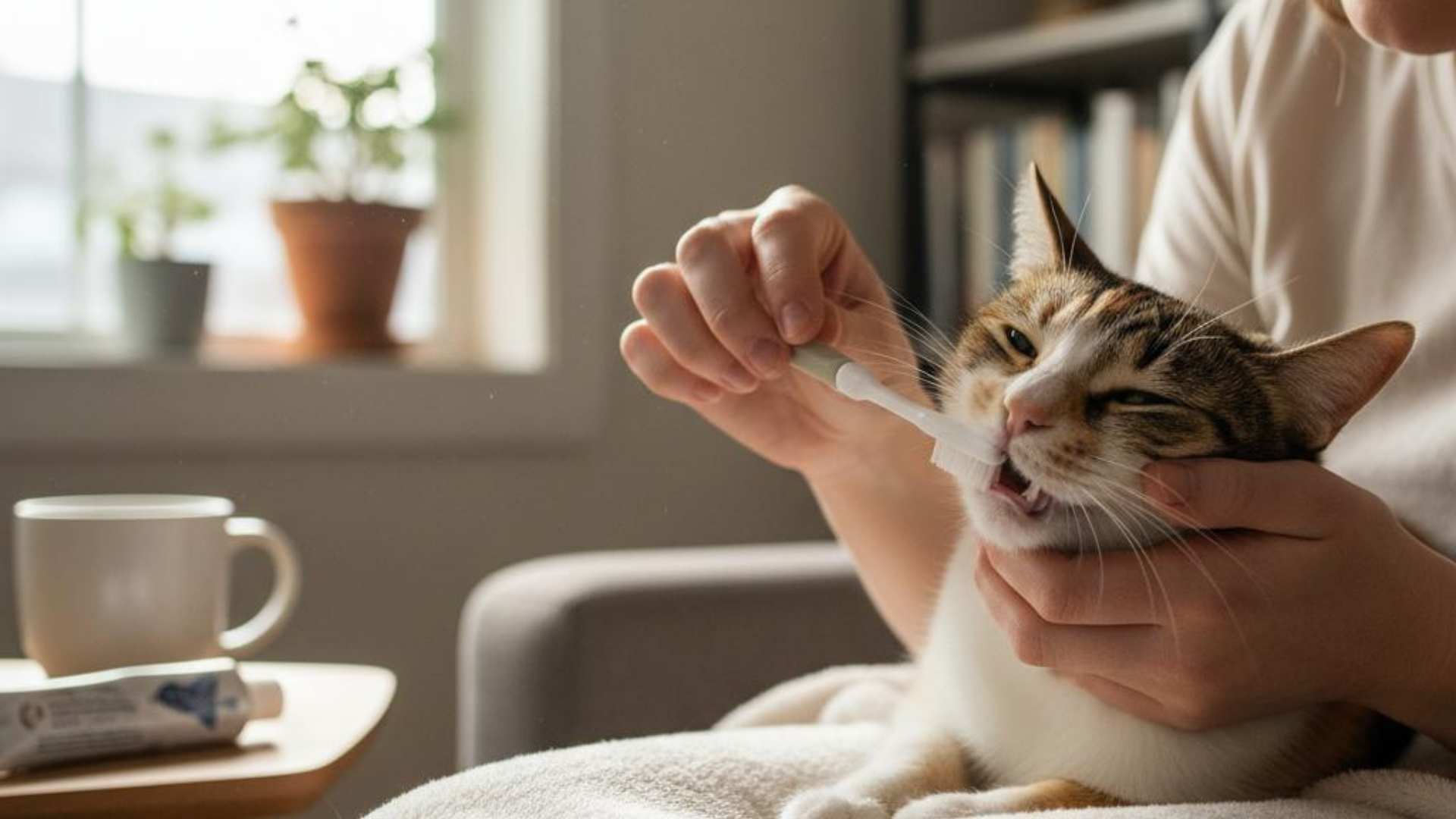 persona cepillando los dientes a su gato